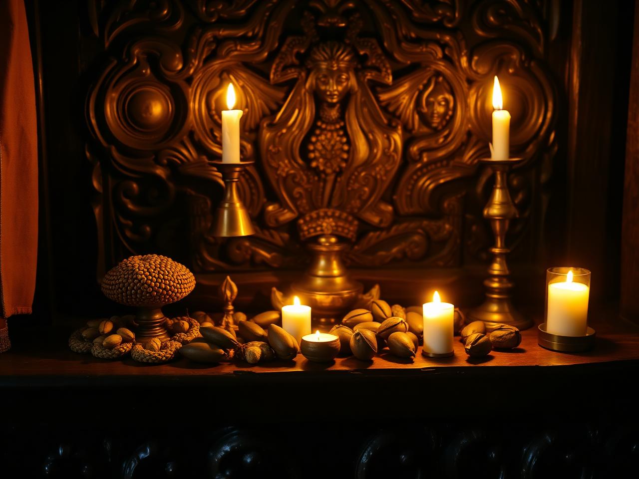 Sacred altar with cowries, brass bells, kola nuts and candlelight