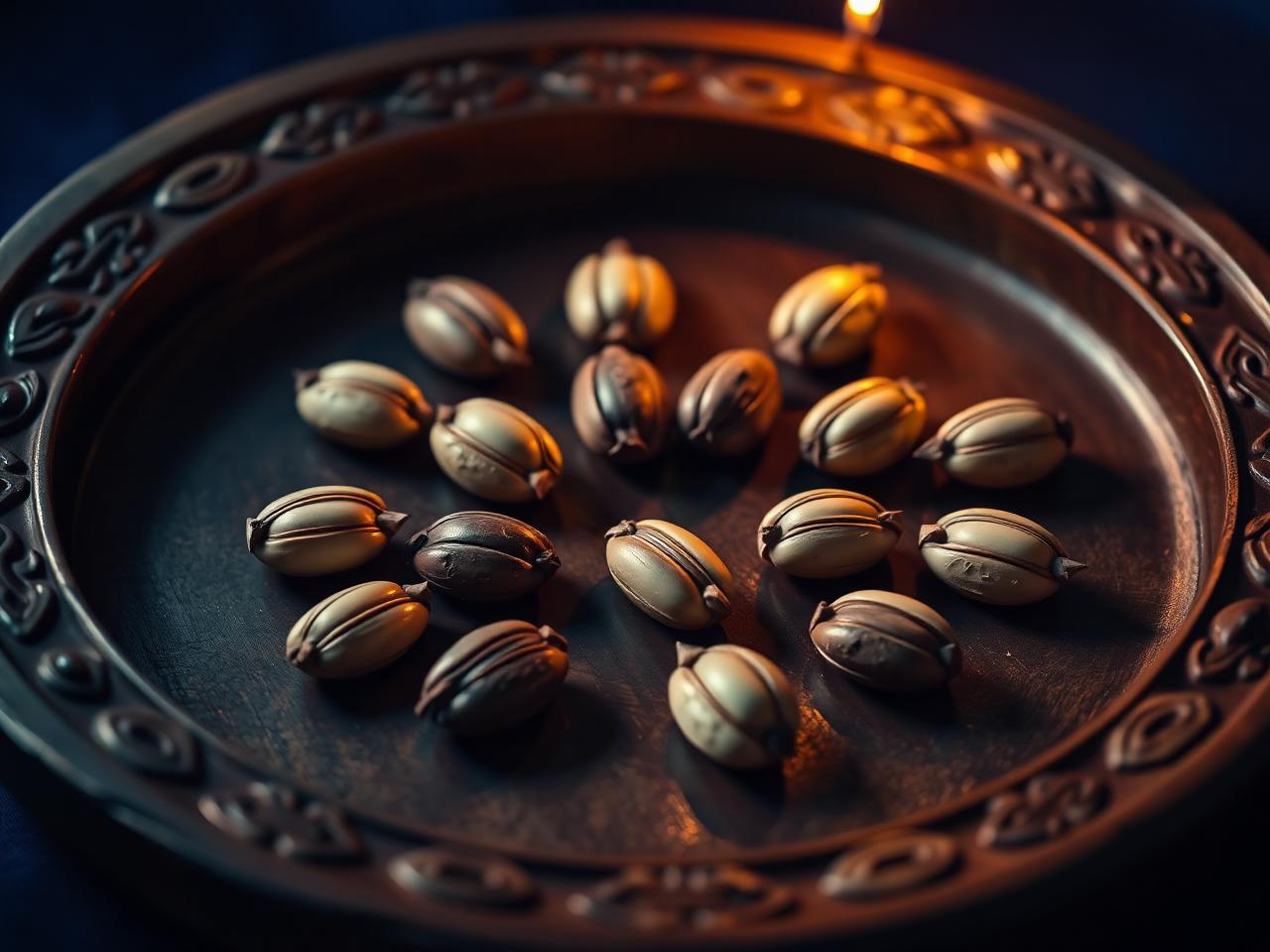 Ifa divination tray with cowries and palm nuts