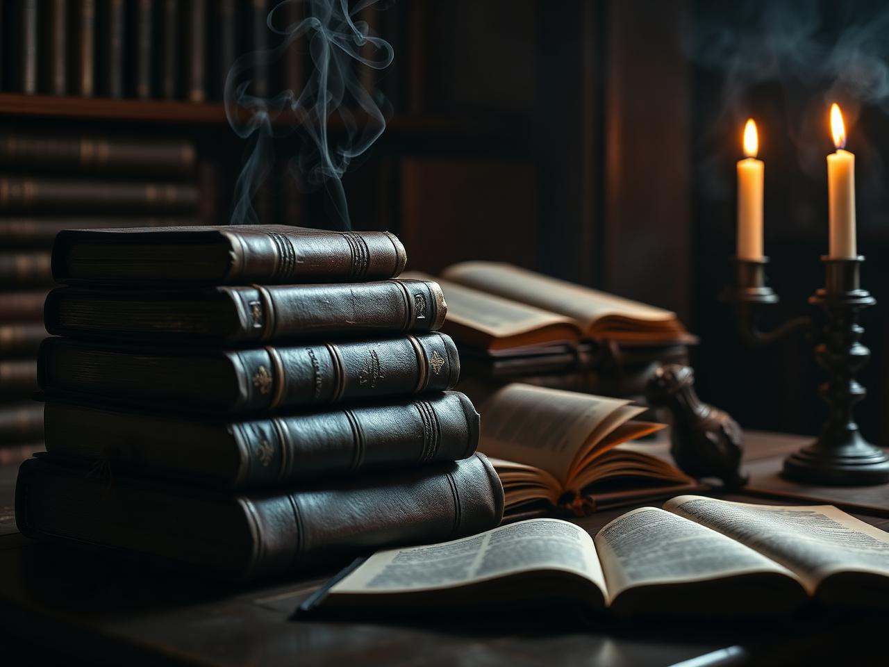 Stacked leather-bound sacred volumes with candlelight